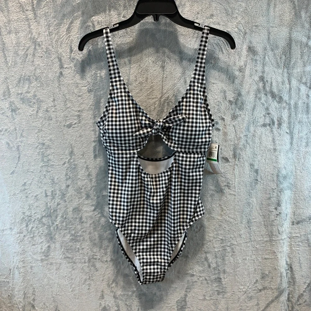 Salt & Cove Womens Gingham One-Piece Swimsuit Black White Tie Front Cutout L NEW